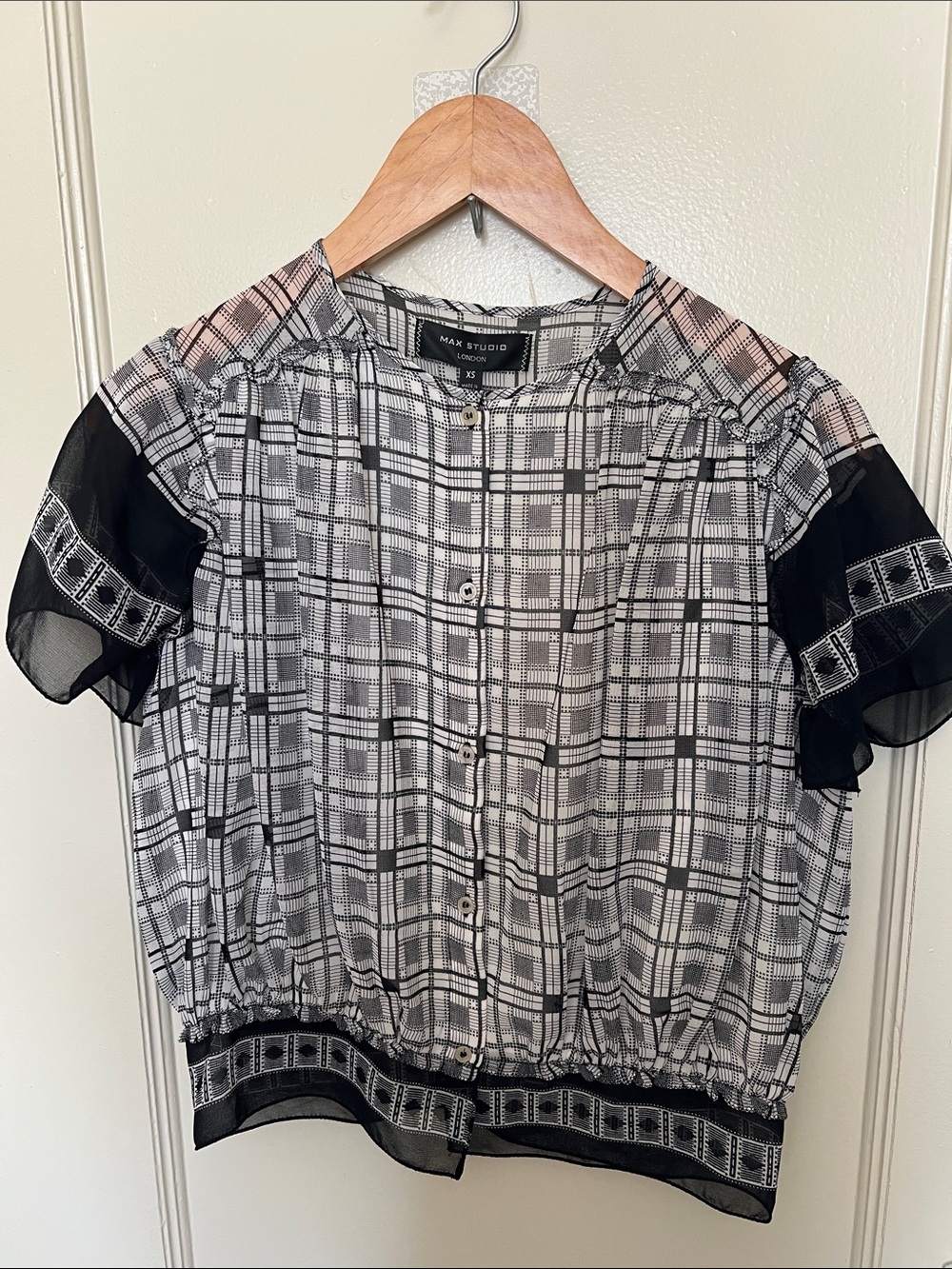 Max Studio Black & White Plaid Short-Sleeve Sheer Blouse